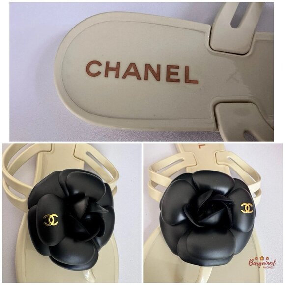 Authentic CHANEL Camellia Flower Ivory Black CC Sandals 36 US 6 - Picture 2 of 11